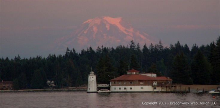 Fox Island, Washington, overlooking the Tanglewood Island lighthouse, and  Mt Rainier in the distance